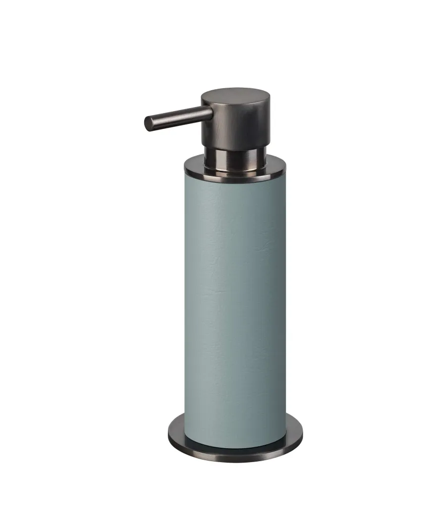 obrazek 1 Stylowy jasnoniebieski dozownik o wymiarach Ø7xH19 cm z eleganckim grafitowym wykończeniem