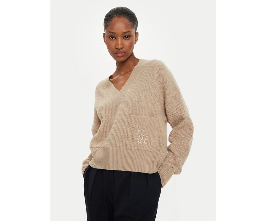 obrazek 1 Tommy Hilfiger Sweter Script Soft WW0WW42149 Beżowy Relaxed Fit