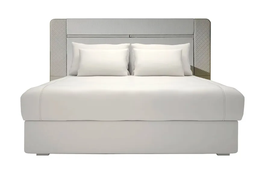 obrazek 1 Grawerowana skóra - elegancja i minimalizm - beżowy zagłówek MASTER - na materac 200cm - Collecion Alexandra