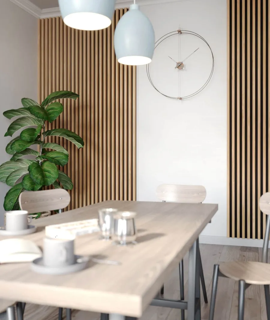 obrazek 1 275x48x5,9 cm LD (8 lameli fornir dębowy) panel akustyczny na płycie MDF 19 mm - dekoracja ścienna 3D