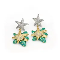 Picture Earrings made of 18-karat gold-plated silver and rhodium-plated silver, with white zircons and green enamel