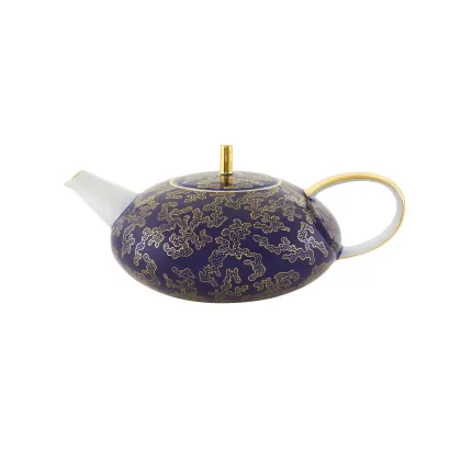Picture Navy blue and white Caillouté tea pot in porcelain with gold pattern - Vista Alegre