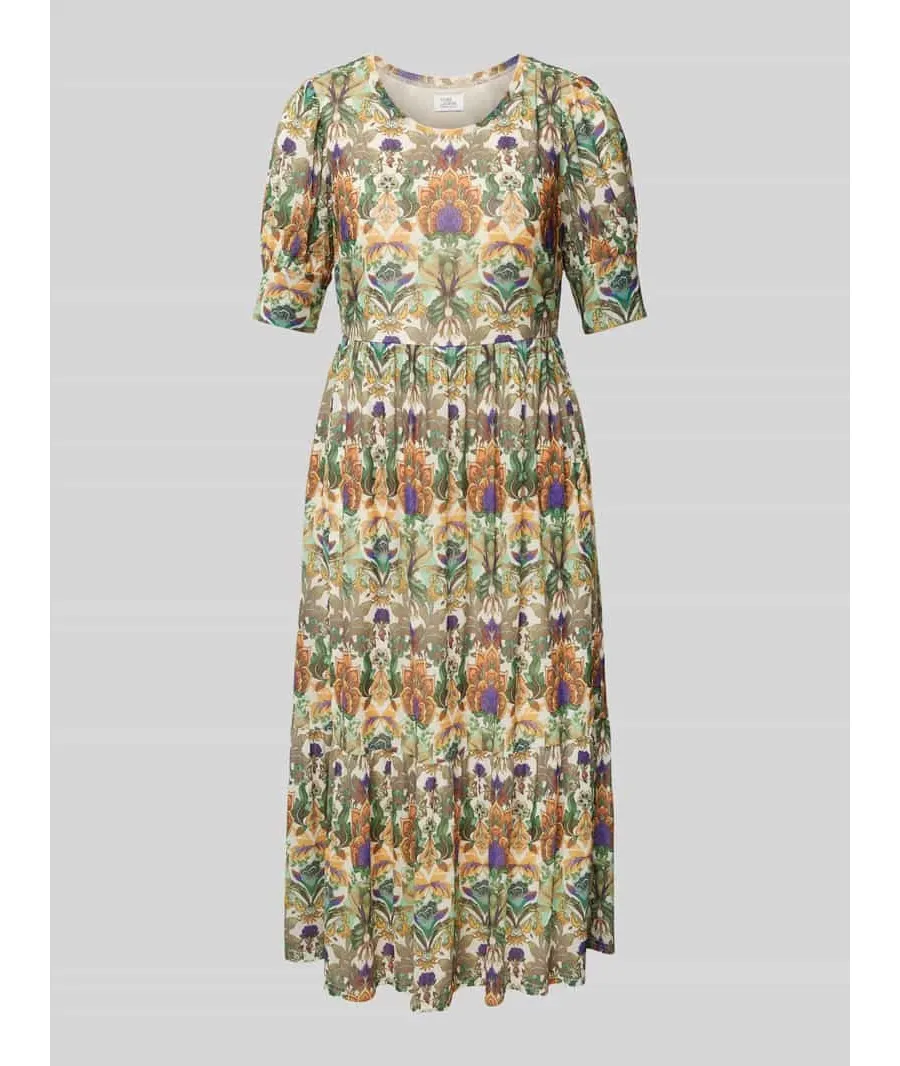 obrazek 1 Sukienka midi ze wzorem na całej powierzchni i bufiastymi rękawami