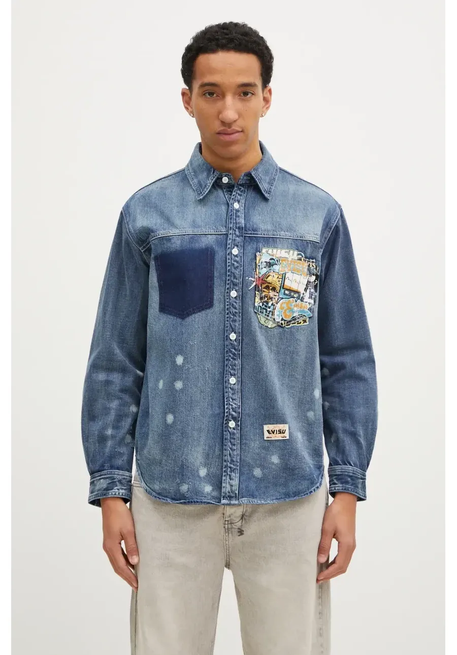 obrazek 1 Evisu koszula jeansowa “Virtual Vacation”Print męska kolor granatowy relaxed z kołnierzykiem klasycznym 2EAHTM4DL8027