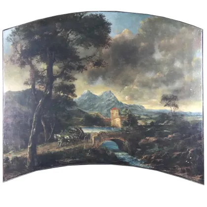 Zdjęcie Podgórski krajobraz z mostem nad rzeką na pierwszym planie, przez który jedzie rydwan 1980