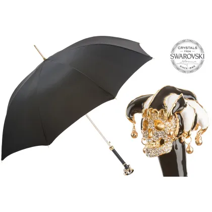 Picture A unique black men's umbrella with a handle in the shape of a jester's skull - Pasotti