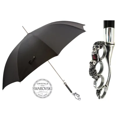 Picture Exclusive black men's umbrella with a handle in the shape of a silver brass knuckle - Pasotti