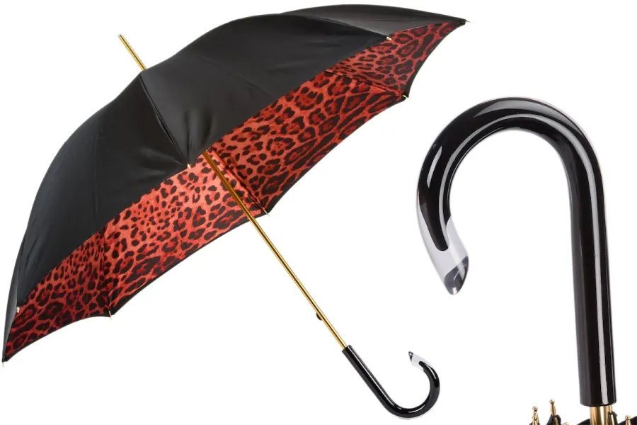 obrazek 1 Ekskluzywny czarny parasol damski zdobiony wzorem skóry leoparda na czerwonym tle – Pasotti