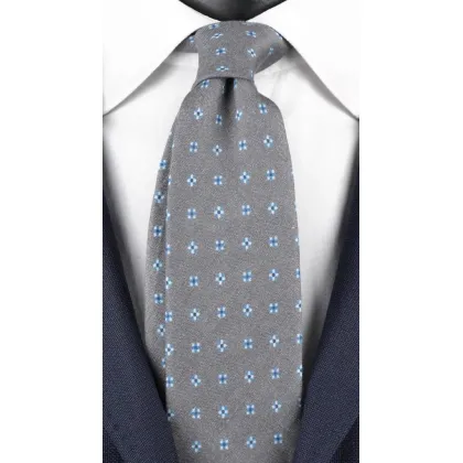 Zdjęcie Szary krawat z czystego lnu, z drobnymi biało-niebieskimi wzorkami
