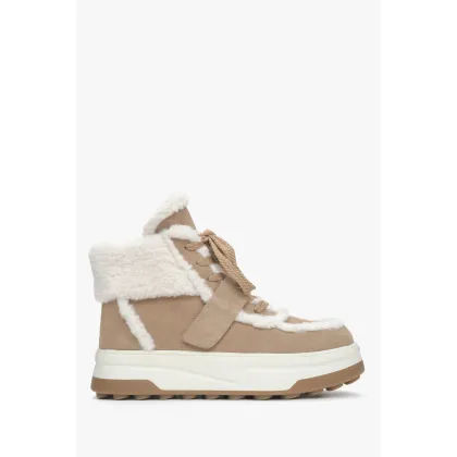 Zdjęcie Estro: Beżowe botki damskie na zimę z weluru naturalnego z wełnianym wsadem