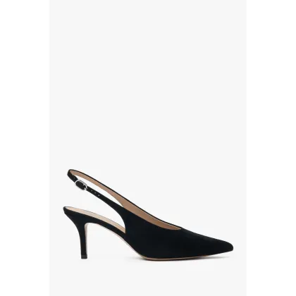 Zdjęcie Estro: Czarne welurowe czółenka damskie typu slingback na obcasie