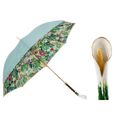 Zdjęcie Ekskluzywny turkusowy parasol damski zdobiony roślinnym motywem z piękną rączką – Pasotti