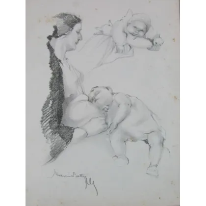 Zdjęcie Portret kobiety z dzieckiem na kolanach - Litografia Marina Battaglia