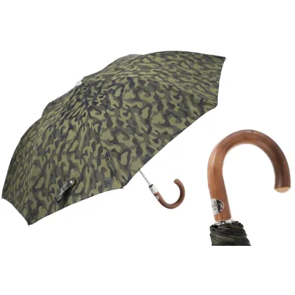 Picture Unique dark green men's umbrella with camouflage pattern and wooden handle - Pasotti