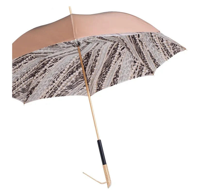 obrazek 6 Luksusowy jasnobrązowy parasol damski zdobiony pięknym wzorem z perłami – Pasotti