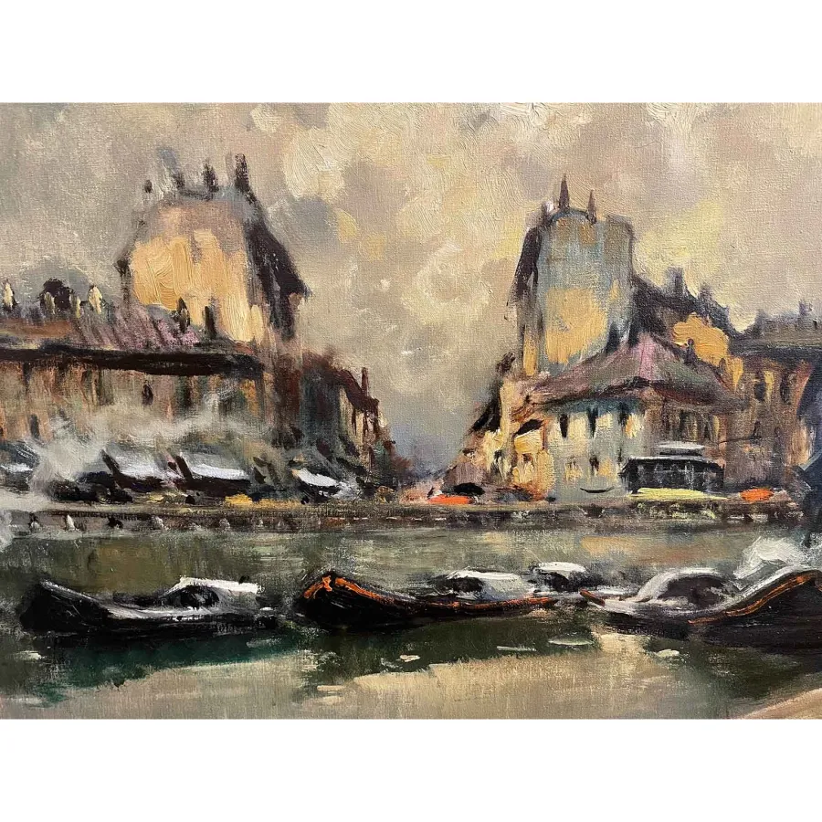 obrazek 2 Obraz olejny - widok Mediolanu przedstawiający kanał Ticinese Darsena Navigli z łodziami i budynkami, 1926 rok