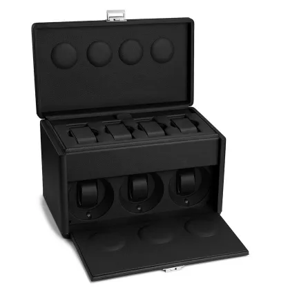 Zdjęcie Czarny futerał z miejscem na 4 zegarki oraz 3 rotomatami dla miłośników czasomierzy