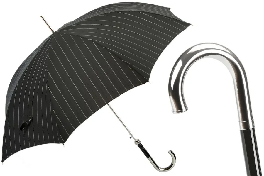 obrazek 1 Elegancki czarny parasol męski w czarne paski z piękną rączką - Pasotti