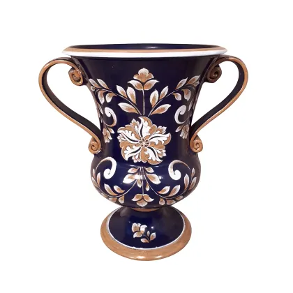Picture Italian vase decorated with flowers on a blue background