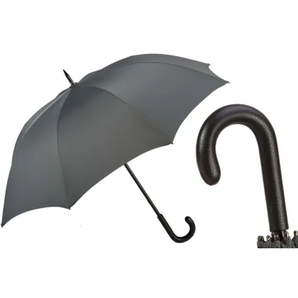Picture Luxurious gray men's umbrella with black leather handle - Pasotti