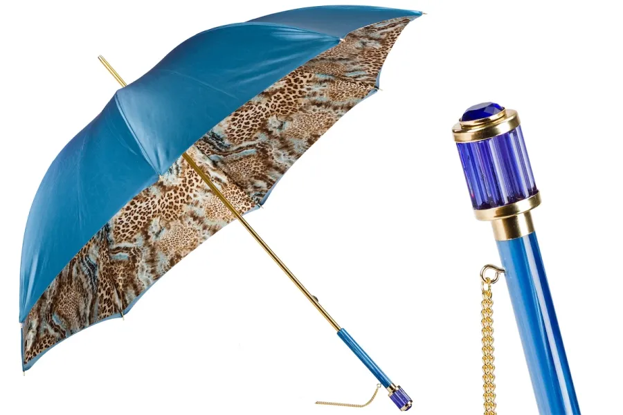 obrazek 1 Ekskluzywny niebieski parasol damski zdobiony motywem skóry leoparda – Pasotti