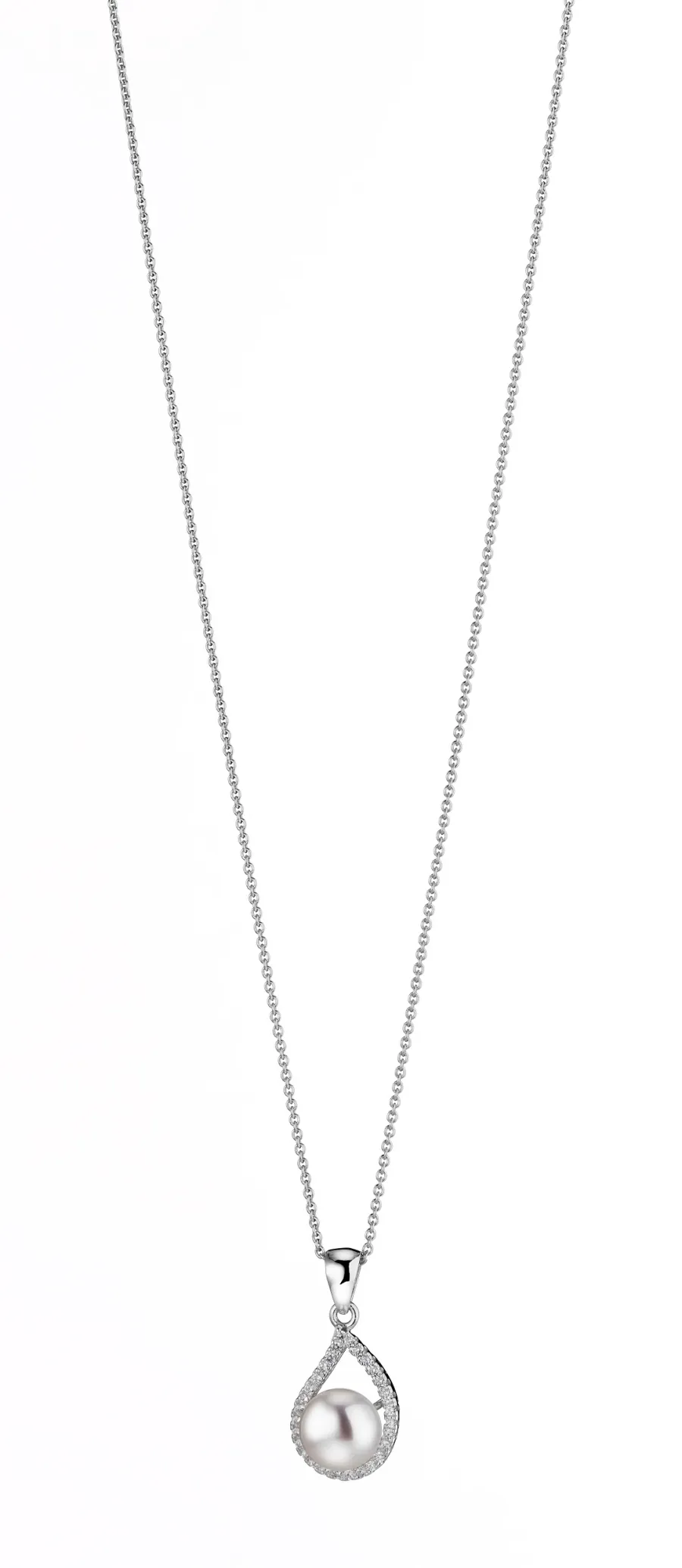 obrazek 1 Stylowy naszyjnik z białą perłą słodkowodną z elementem w kształcie kropli zdobionym cyrkoniami wykonany ze srebra