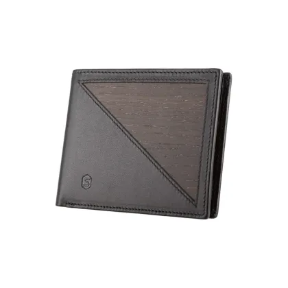 Picture Prestigious men's wallet made of smooth black leather and smoked oak wood