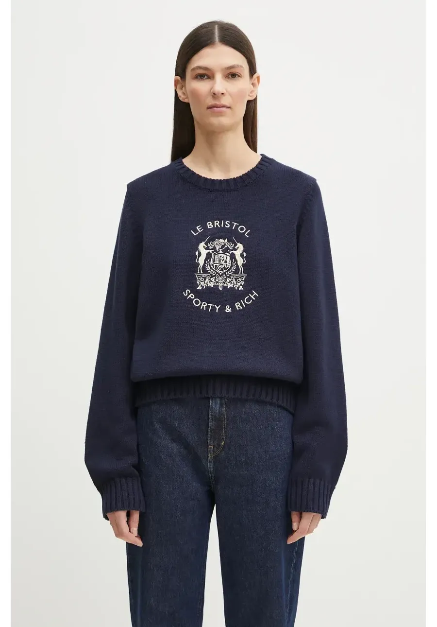 obrazek 1 Sporty & Rich sweter bawełniany Bristol Crest Cotton Knit damski kolor granatowy WS065517621BL32
