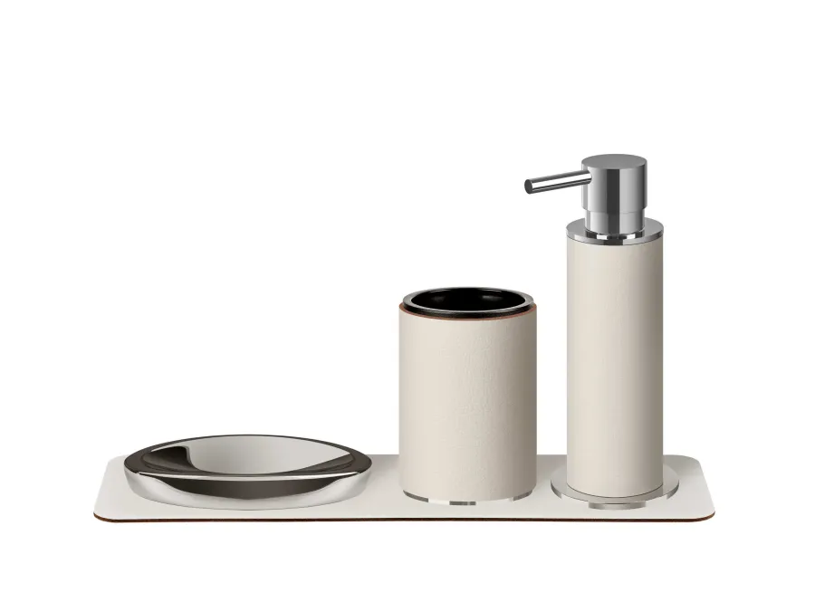 obrazek 3 Elegancki biały dozownik Ø7xH19 cm z chromowanym wykończeniem