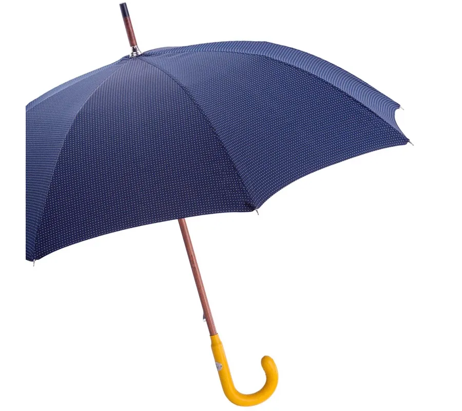 obrazek 3 Stylowy granatowy parasol męski z żółtą skórzaną rączką – Pasotti