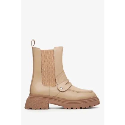 Zdjęcie Estro: Beżowe sztyblety damskie ze skóry naturalnej z ozdobną aplikacją