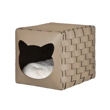 Zdjęcie Skórzany domek dla kota 35x40x35 cm w stylowym kolorze cappuccino