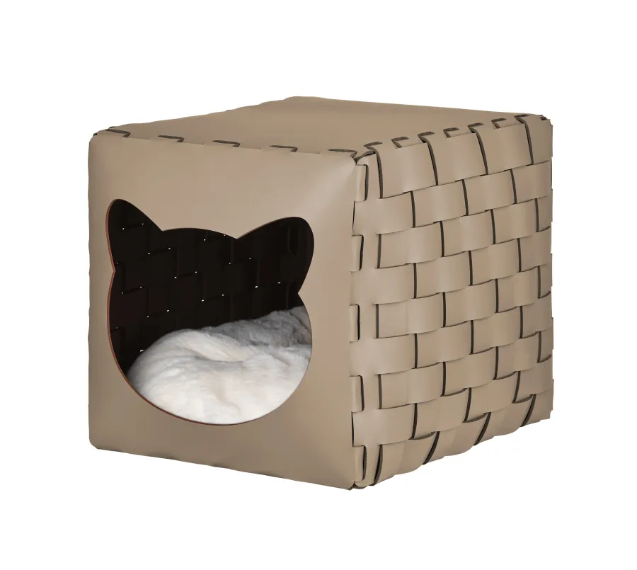 obrazek 1 Skórzany domek dla kota 35x40x35 cm w stylowym kolorze cappuccino