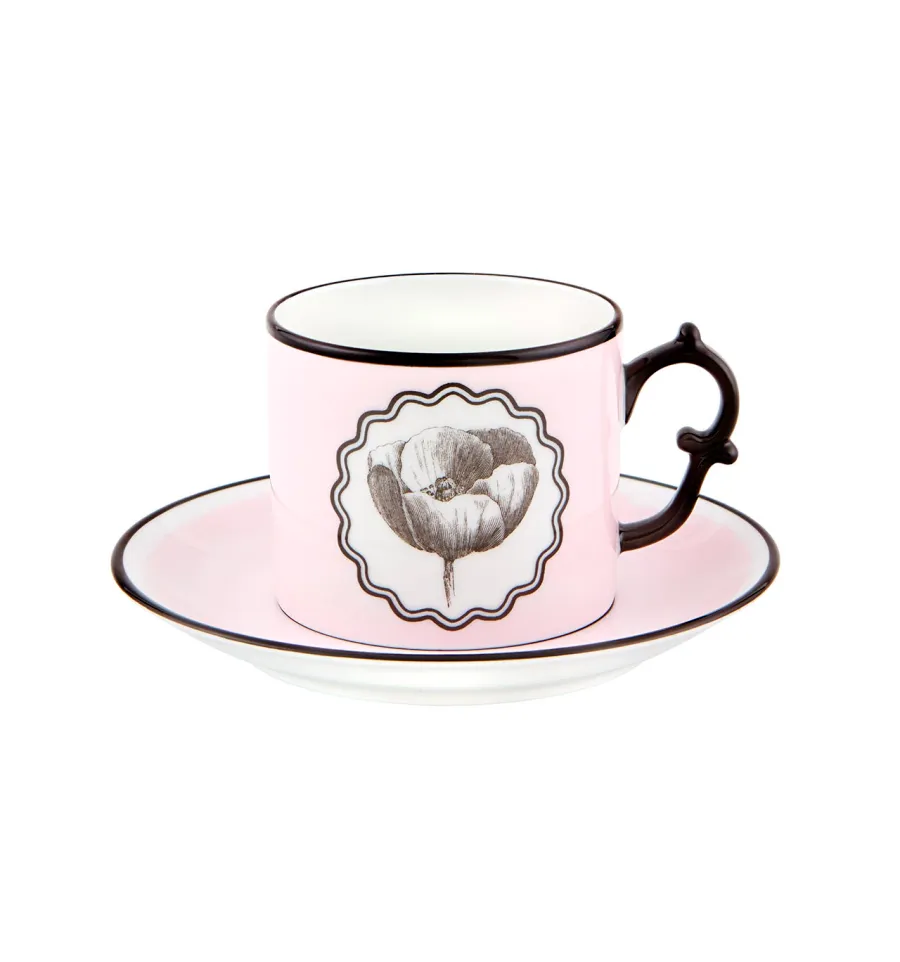 obrazek 1 Porcelanowa różowo-czarna filiżanka do herbaty ze spodkiem Herbariae z czarnym motywem inspirowanym makiem - Vista Alegre