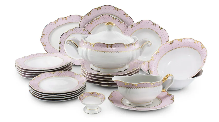 obrazek 1 25-częściowa elegancka zastawa obiadowa w kolorze różowym wykonana z porcelany – Rudolf Kampf