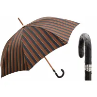 Zdjęcie Stylowy brązowy parasol męski w pionowe paski z rączką ze skóry strusia - Pasotti