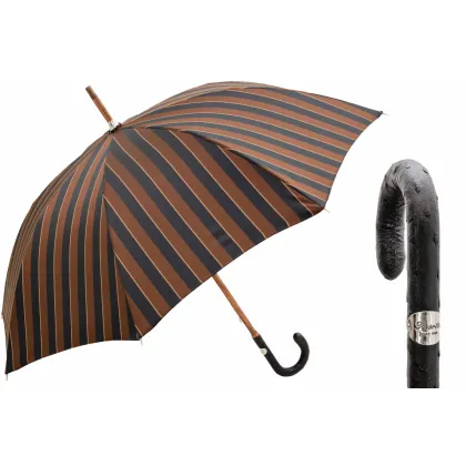 Picture Stylish brown men's vertical striped umbrella with an ostrich leather handle - Pasotti