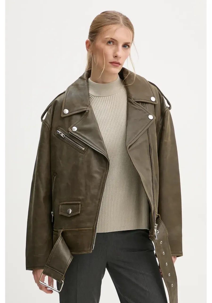 obrazek 1 Stand Studio ramoneska skórzana Irene Jacket damska kolor zielony przejściowa oversize 62273-7680