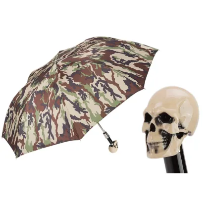 Picture Original brown men's umbrella with a camouflage pattern and a skull-shaped handle - Pasotti