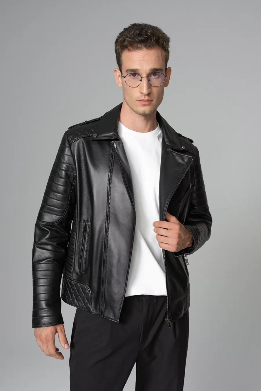 obrazek 3 Męska elegancka kurtka motocyklowa z owczej skóry
