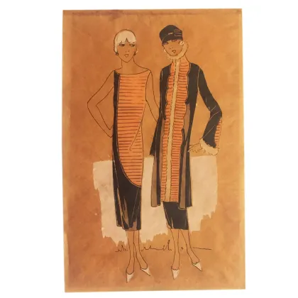 Picture Models of costumes from the early 20th century drawn in ink and watercolor on paper