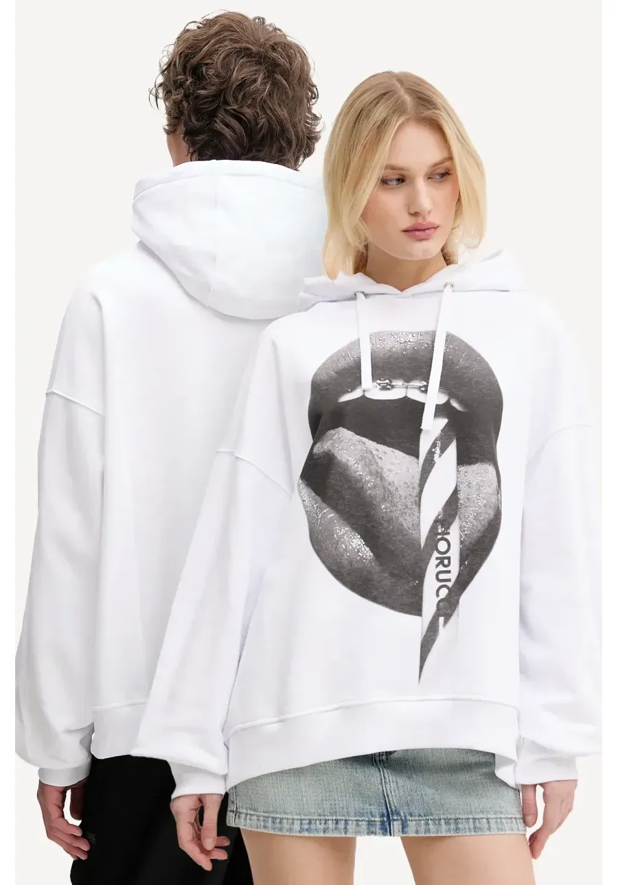 obrazek 1 Fiorucci bluza bawełniana Mouth Print Relaxed Fit Hoodie kolor biały z kapturem z nadrukiem U02SPSHO092CJ05WH05