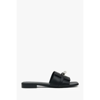 Zdjęcie Estro: Czarne klapki damskie na płaskim obcasie ze srebrną aplikacją