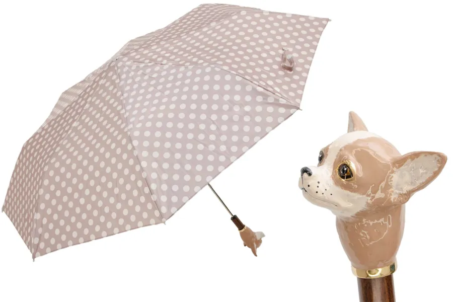 obrazek 1 Wyjątkowy jasnobrązowy parasol damski w białe kropki z rączką w kształcie głowy psa - Pasotti