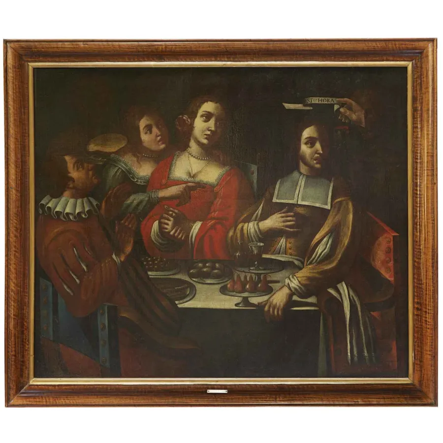 obrazek 1 Antyczny obraz Bankiet z figurkami Memento Mori autorstwa Giovanniego Martinelli z XVII wieku