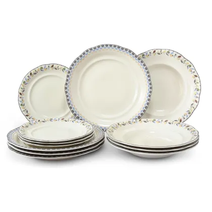 Zdjęcie Nowoczesny 12-elementowy zestaw talerzy z porcelany w kolorze kości słoniowej z  kolekcji NatureLine – Leander