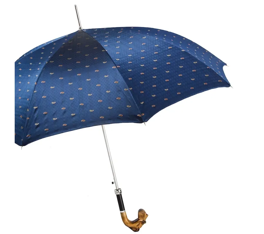 obrazek 8 Wyjątkowy ciemnoniebieski parasol męski zdobiony drobnym wzorem z rzeźbioną rączką w kształcie głowy sznaucera - Pasotti