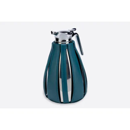 Zdjęcie Ekskluzywny duży niebieski dzbanek termiczny z pokryciem ze skóry naturalnej - do kuchni