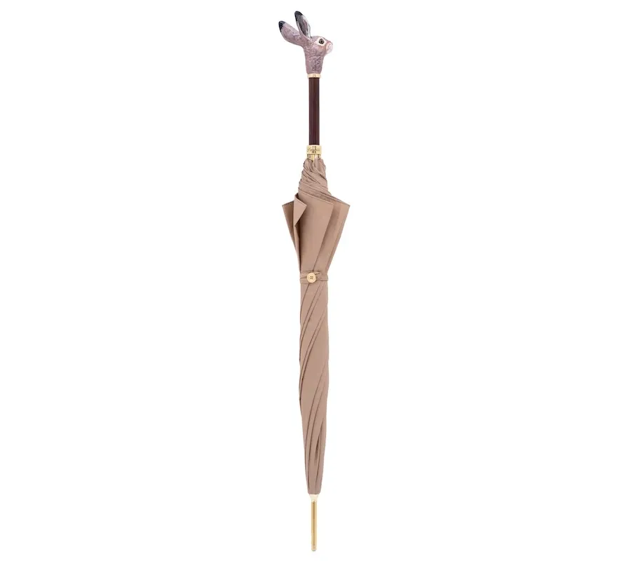 obrazek 2 Stylowy parasol damski w kolorze beżowym z rączką w kształcie głowy królika - Pasotti