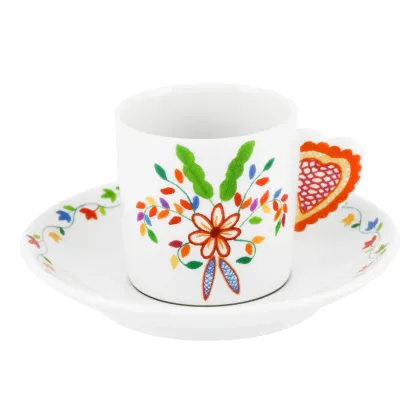 Picture Vila Verde porcelain coffee cup and saucer with a plant motif referring to Vila Verde Valentine's Day handkerchiefs - Vista Alegre